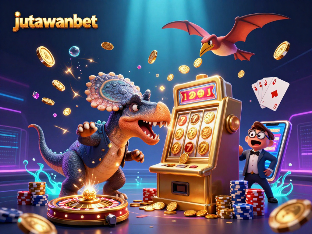 Experience jackpots with jutawanbet as cartoon dinosaurs and coins fill the casino scene.