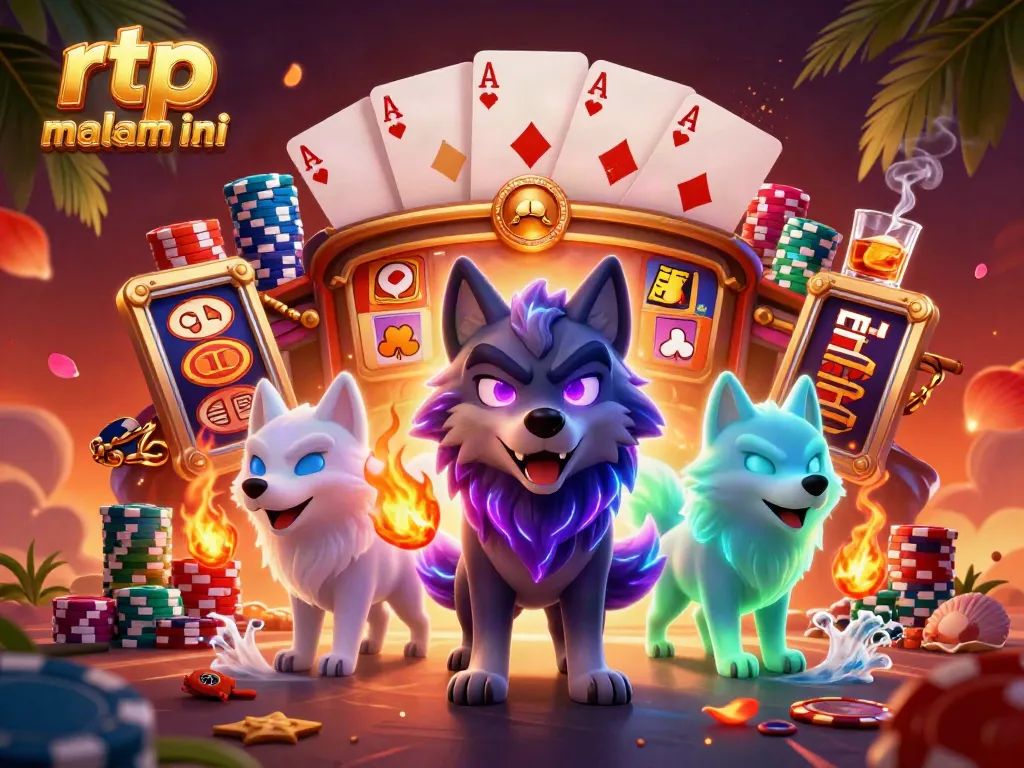 Engage with the thrilling rtp malam ini scene featuring cartoon wolves, slot reels, and vibrant casino elements.
