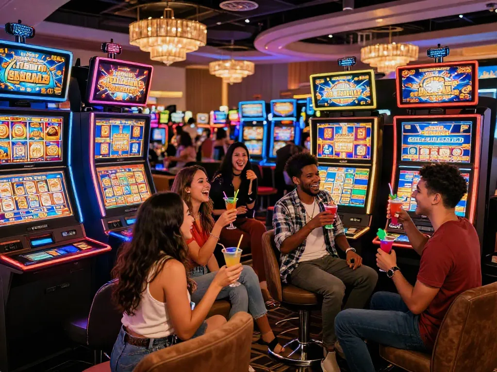 Group of friends enjoying slot thailand gaming experience in vibrant casino.