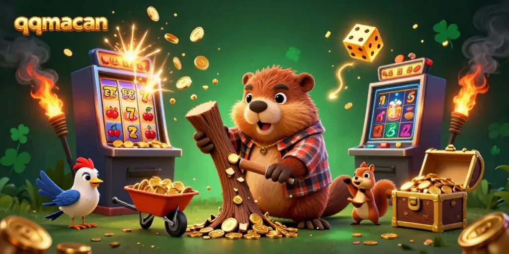 Join the fun with qqmacan as the beaver chops for coins, creating an exciting casino scene with animated gold and gaming elements.