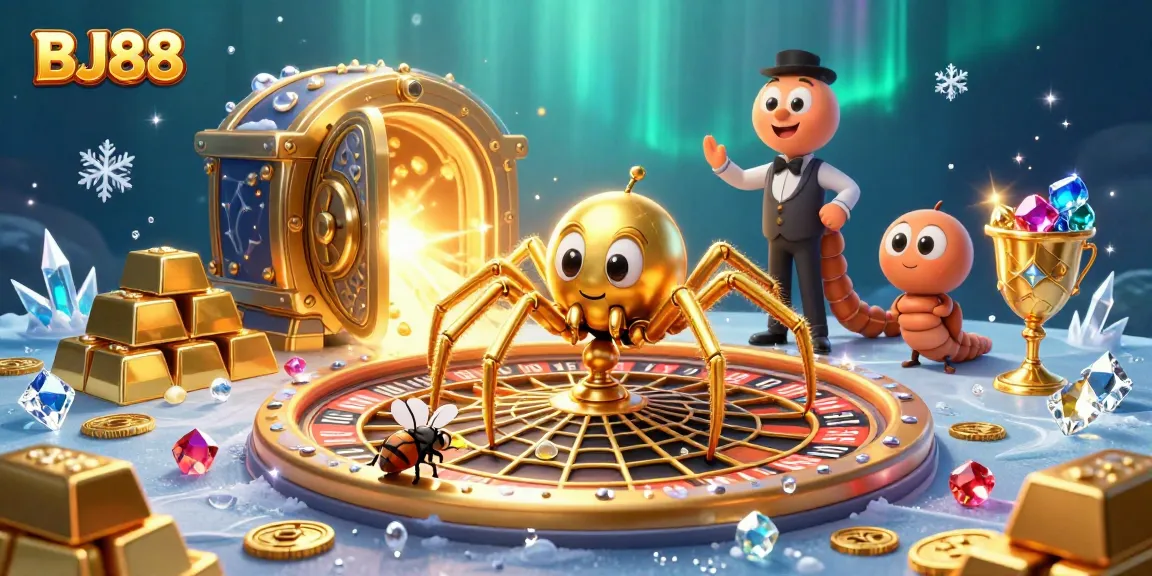 BJ88 displays a golden spider and centipede croupier in a vibrant, richly detailed casino illustration.