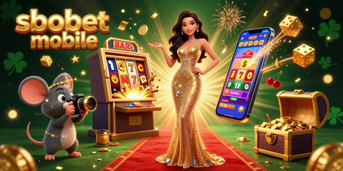 Sbobet mobile showcases thrilling casino action with a glamorous woman and cartoon mouse betting in a vibrant 3D illustration.