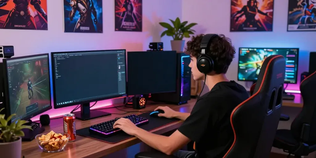 A young adult immersed in gameplay on the unsurtoto gaming platform, surrounded by RGB lighting and gaming gear.