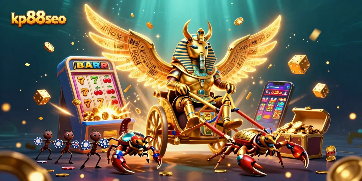Experience thrilling casino adventures with kp88seo's dynamic gaming scene featuring vibrant slot machines and iconic symbols.