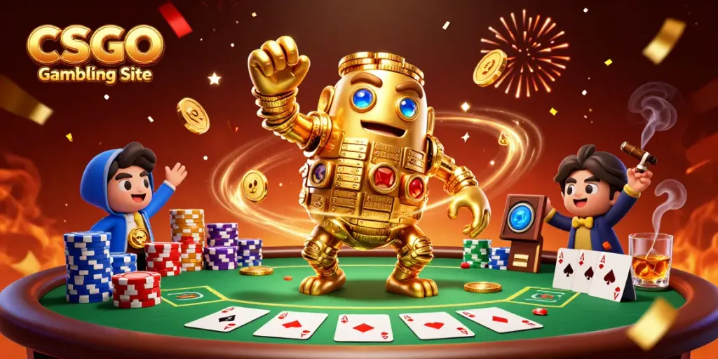 Experience the thrill of a CSGO Gambling Site with an ancient golden golem surrounded by poker elements.