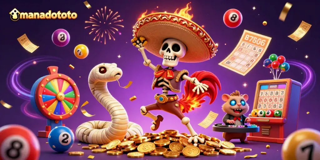 Experience the thrill of winning at manadototo with festive gaming characters dancing amidst vibrant gambling elements.