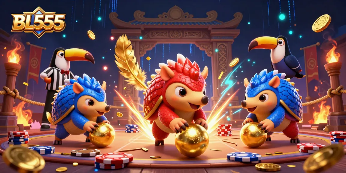 Engage in thrilling gameplay with BL555 as pangolins bowl through poker chips in a vibrant casino