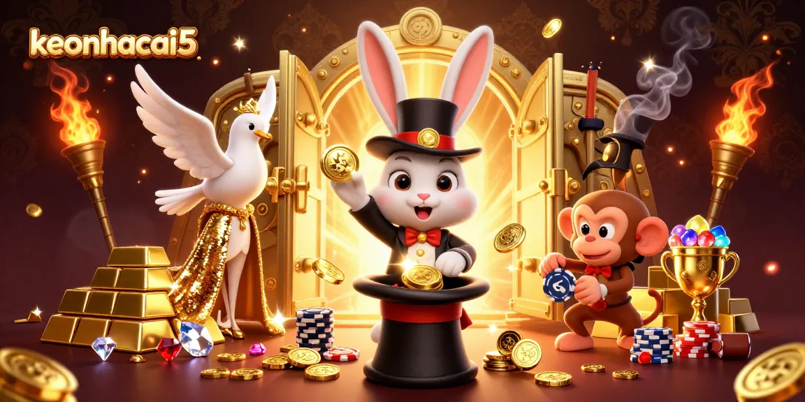 Experience keonhacai5 with a vibrant scene featuring a magician rabbit, stunning jewels, and rich casino elements.