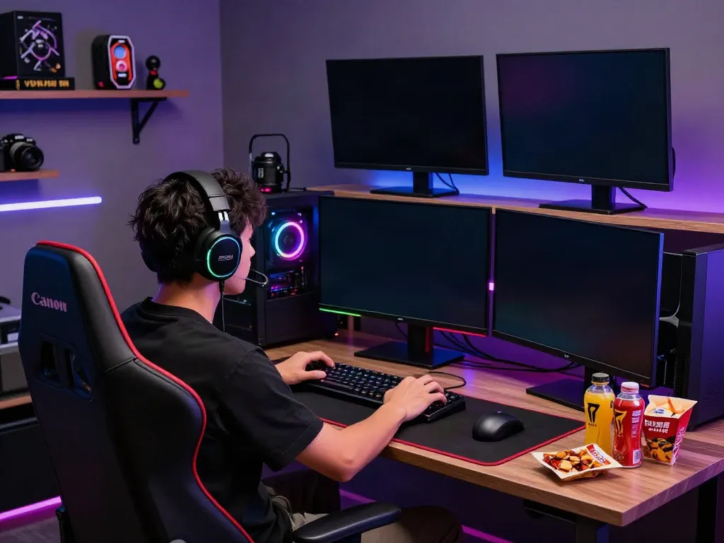 Gamer enthusiast immersed in a80 gaming experience with advanced setup and RGB lighting.