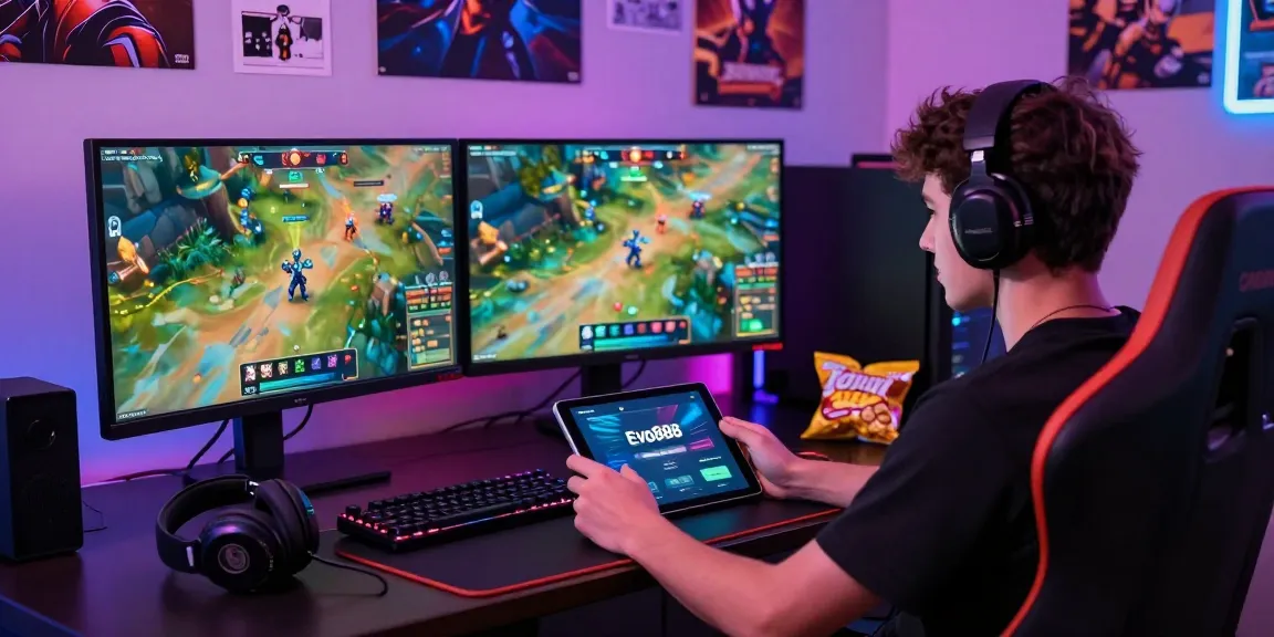 Evo888 gaming experience with a player engaged on a tablet at a modern gaming setup, featuring vibrant LED lights and gaming accessories.