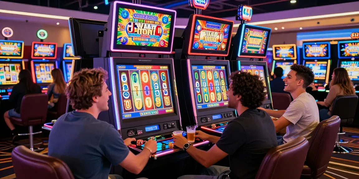 Players celebrating wins at vibrant SLOT ONLINE machines in a lively casino atmosphere
