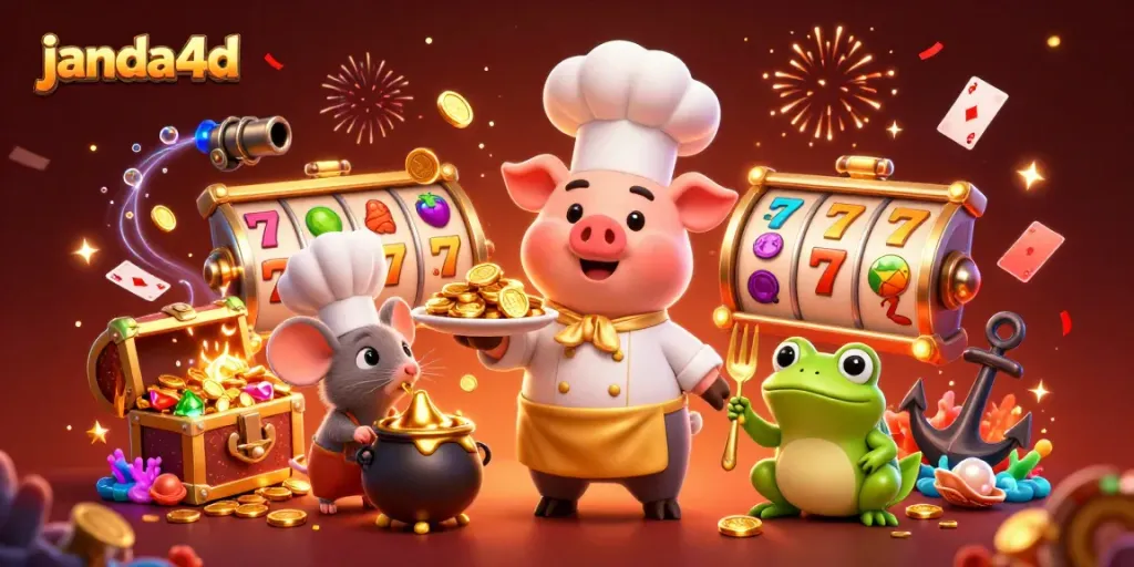 Permainan judi online dengan janda4d yang menampilkan chef babi 3D menyajikan koin emas.
