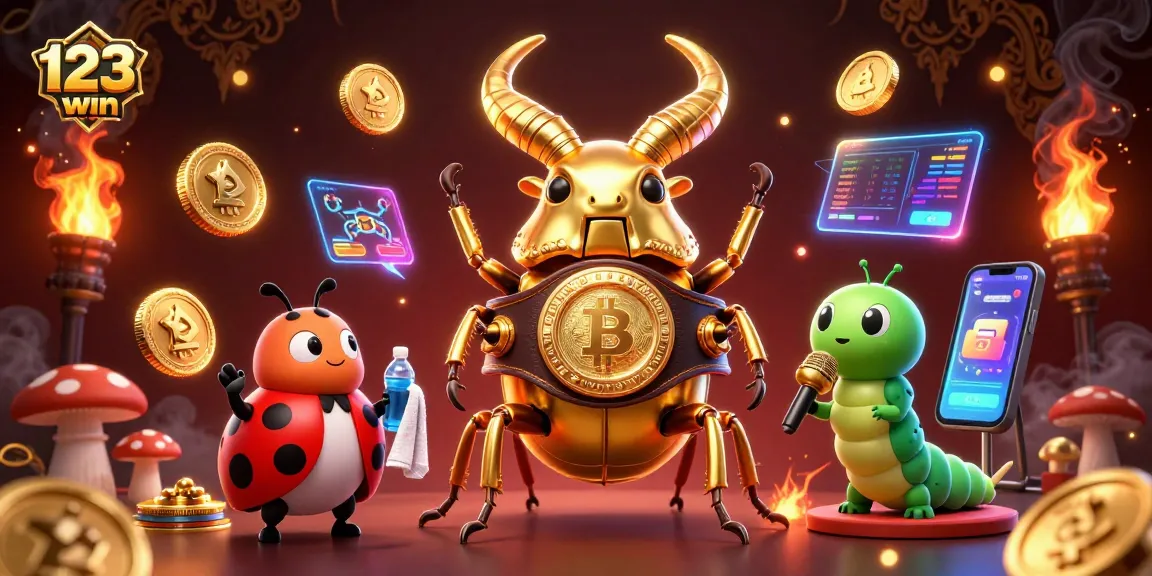 Engage with 123win's vibrant gaming scene featuring a golden stag beetle champion and dynamic casino elements.