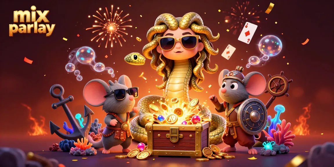 Engage in mix parlay betting with colorful 3D Medusa and dynamic characters surrounded by treasure.