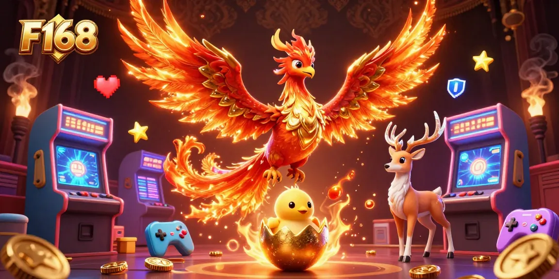 Experience F168's vibrant gaming world with a phoenix and mystical stag amidst arcade excitement.
