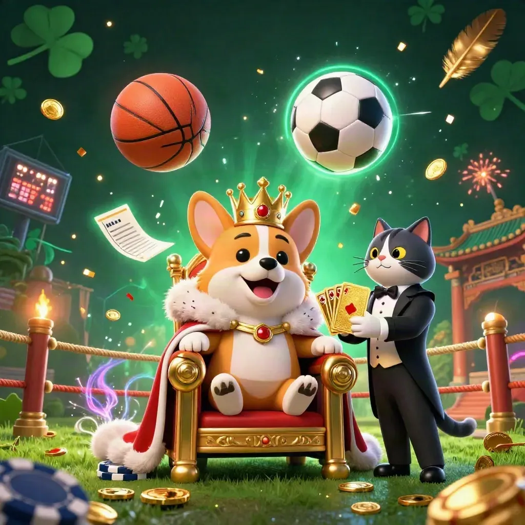 Crowned corgi and cat butler amid flying balls, chips, coins, banners, fireworks.