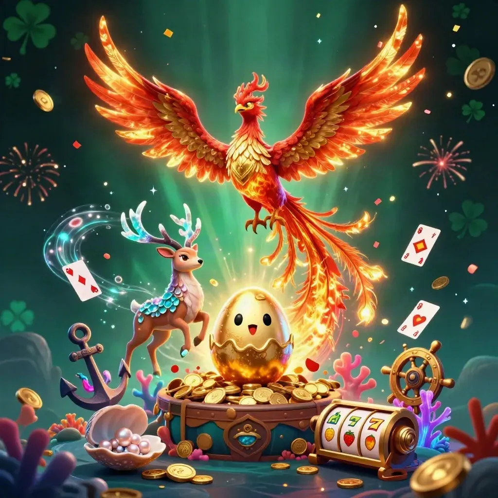 Phoenix trio rises through treasure, coral, and casino magic in a neon underwater cove.