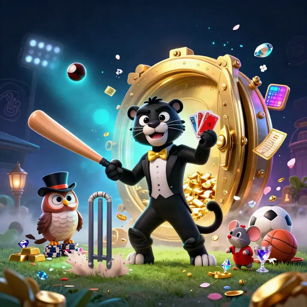 Panther, owl, and mouse amid vault gold, chips, cricket action, and neon casino glow.