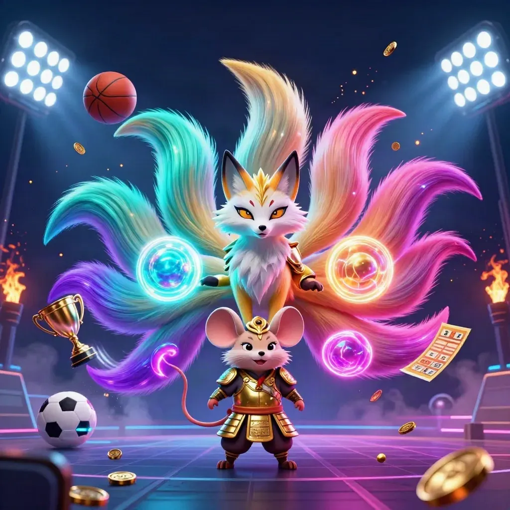 Neon fox spirit and armored mouse amid flying sports balls, trophy, coins, and casino lights.