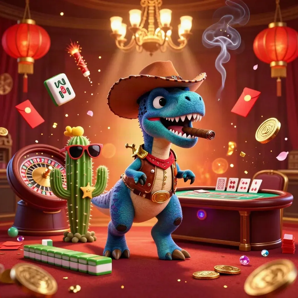 Cartoon T-Rex cowboy, cactus, and roadrunner in a glowing casino room