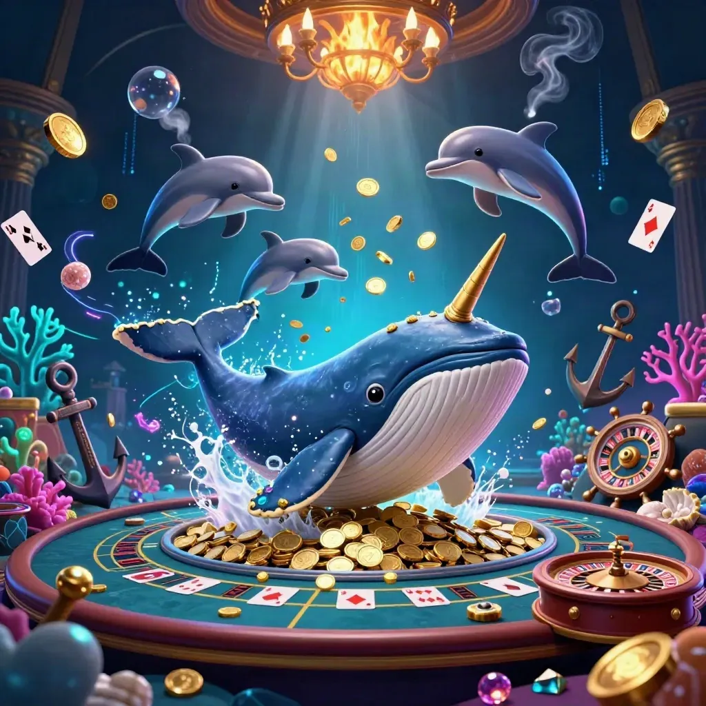 Whale, narwhal and dolphins in a neon casino treasure cove with coins, coral, cards and glowing brass.