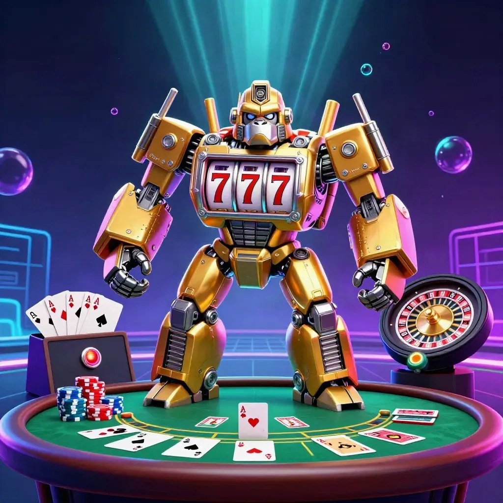 Golden gorilla slot mech with monkey pilot amid casino table props and neon glow