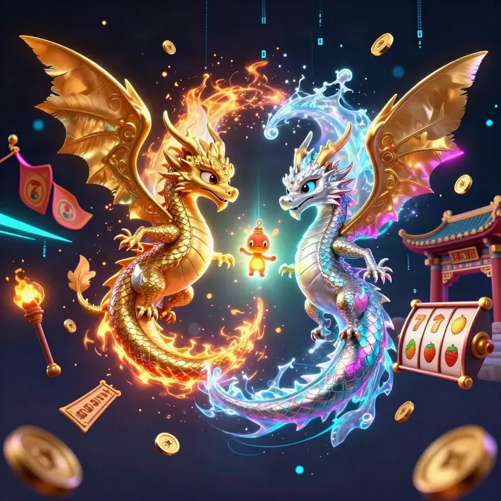 Gold and silver dragons clash with a lantern spirit amid neon casino treasure.