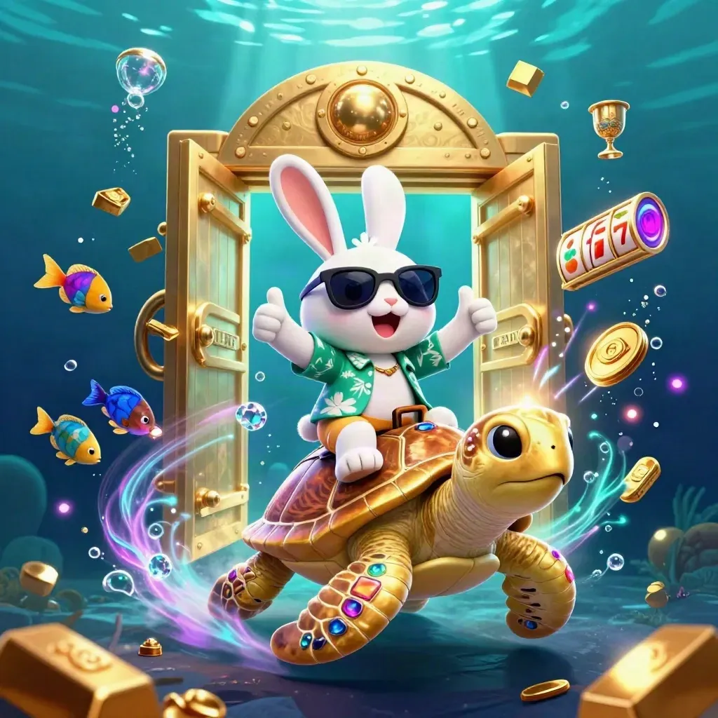Lucky rabbit rides jeweled sea turtle as treasure explodes underwater, neon casino glow