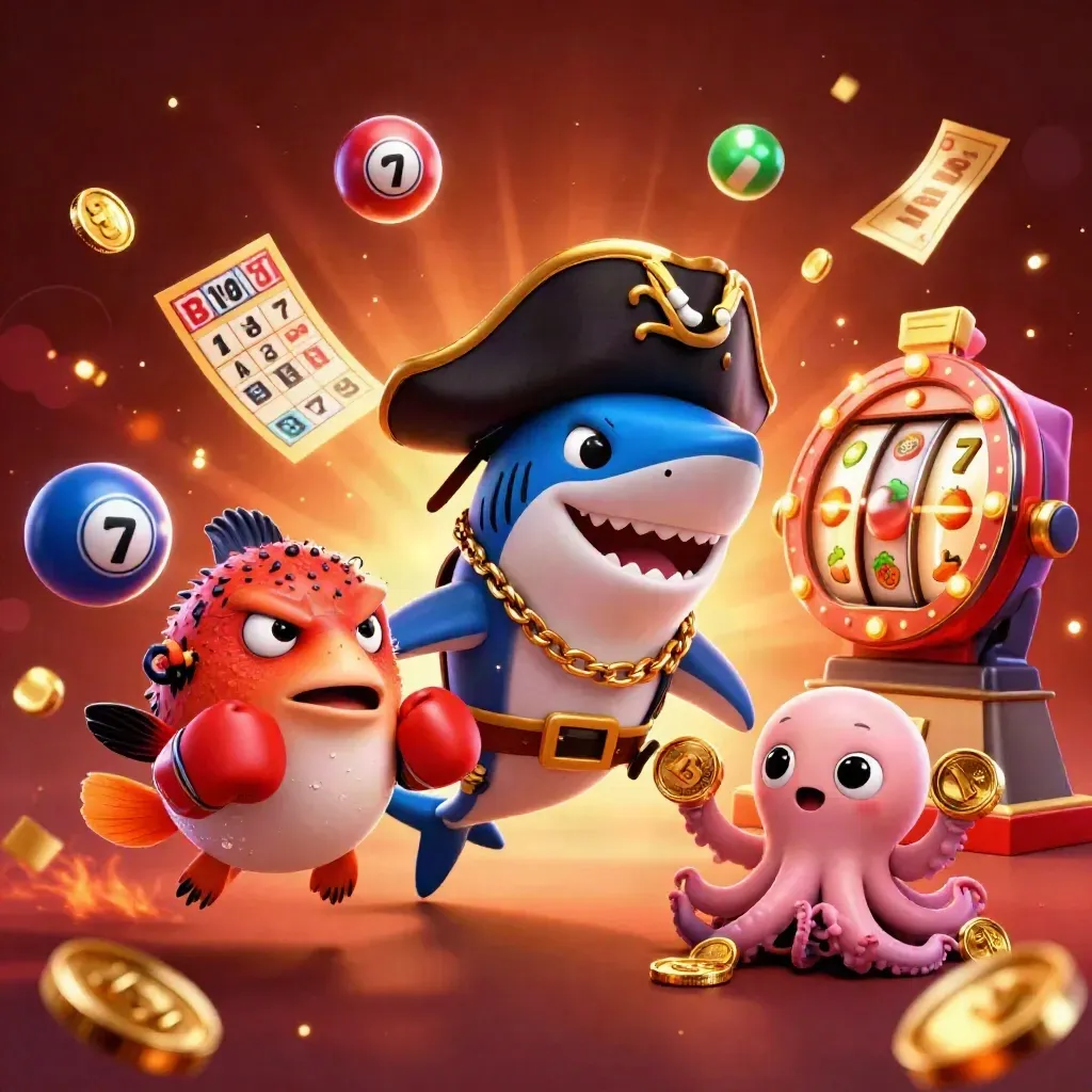 Pirate shark, boxing pufferfish and coin-juggling octopus amid neon casino bursts on a fiery glow.