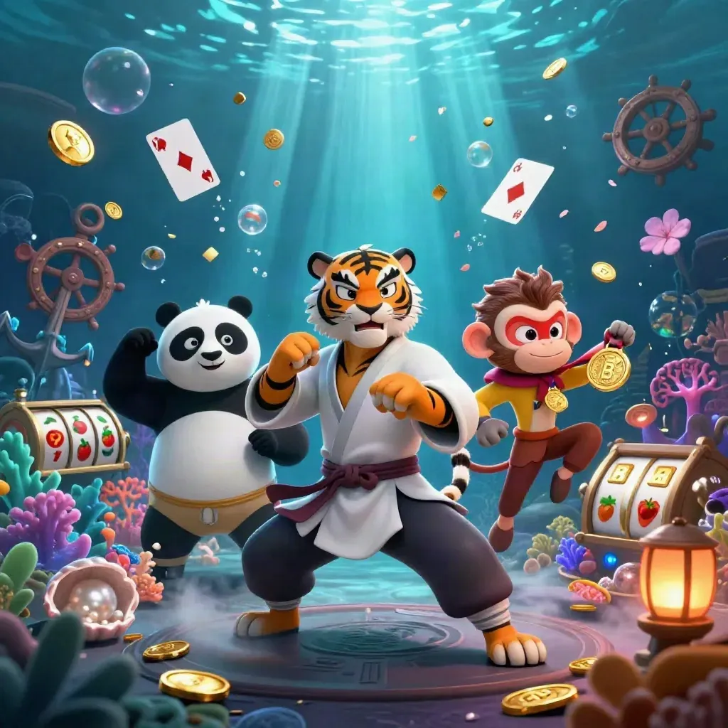 Kung-fu tiger, panda, and monkey in a glowing underwater treasure cove with coins and gems