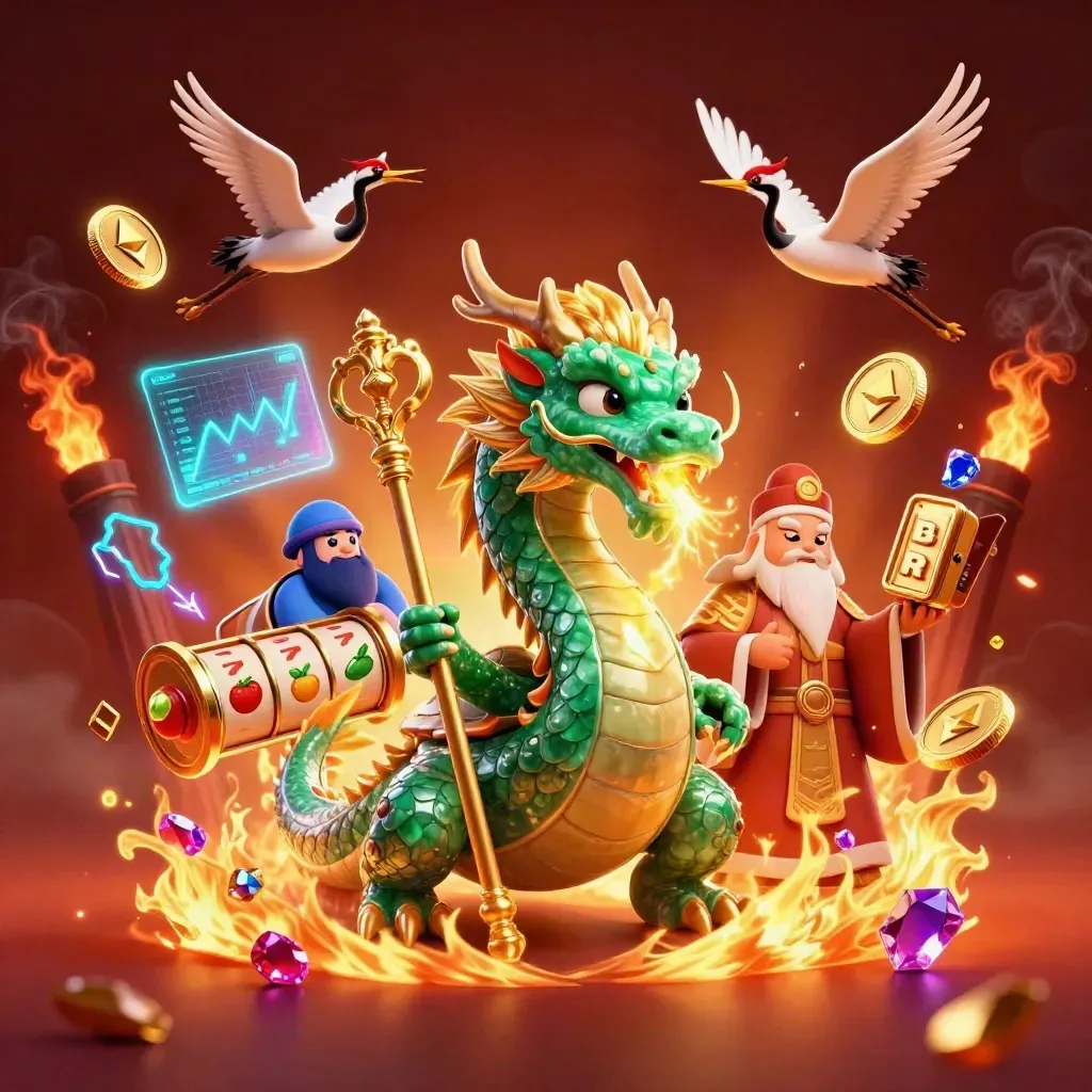 Jade dragon, turtle sage, and cranes amid gold fire, coins, reels, and neon casino effects.