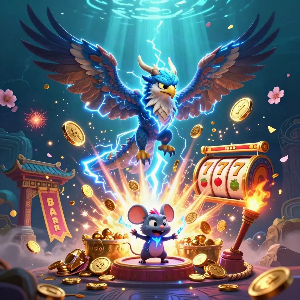 Thunder dragon, wind hawk and static mouse amid gold coins, fireworks and casino treasure
