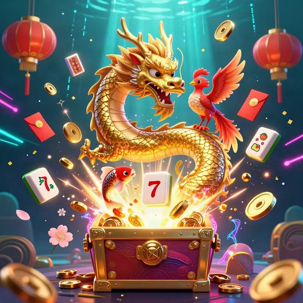 Golden dragon, phoenix, koi, coins, lanterns, and slot symbols burst in a neon vault scene.