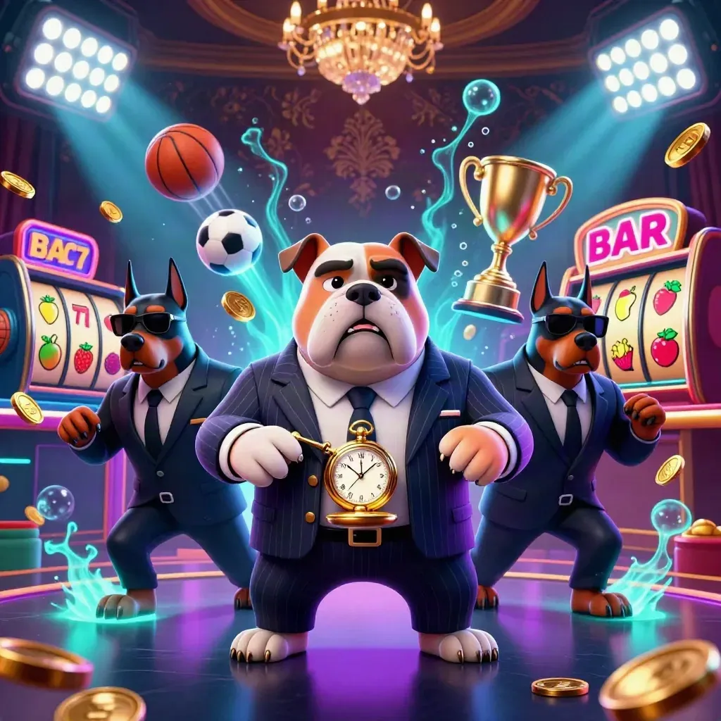 Mafia bulldog and two Dobermans amid flying balls, reels, coins, trophy, and neon casino glow.