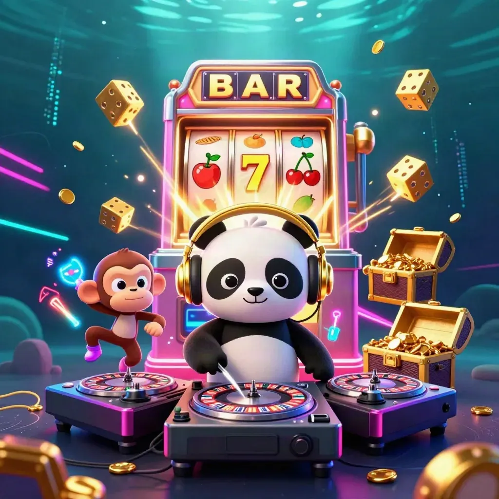 DJ panda, dancing monkey, and rave kitten amid neon slot symbols and jackpot bursts