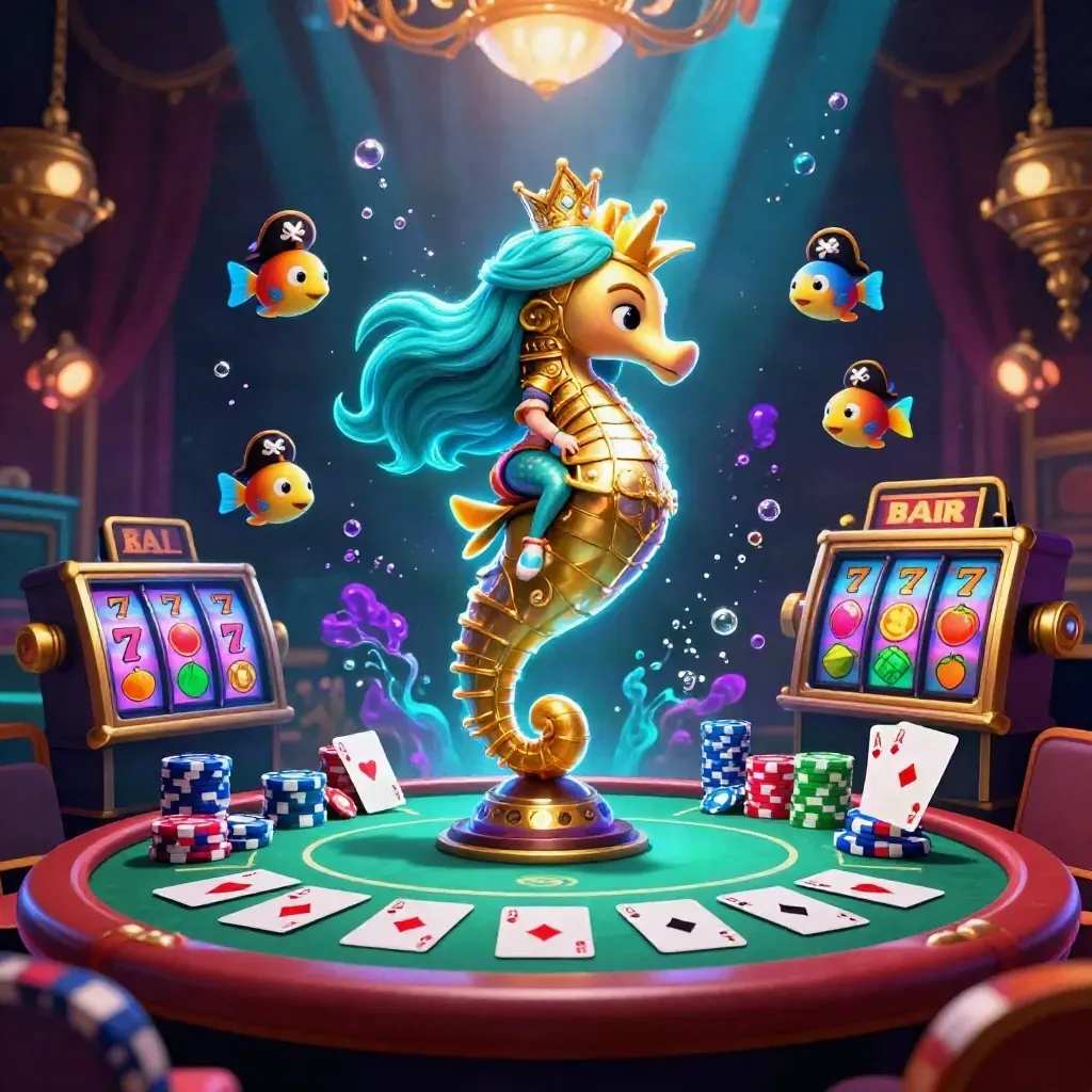 Mermaid princess on a golden seahorse amid chips, cards, reels, and neon underwater casino glow.