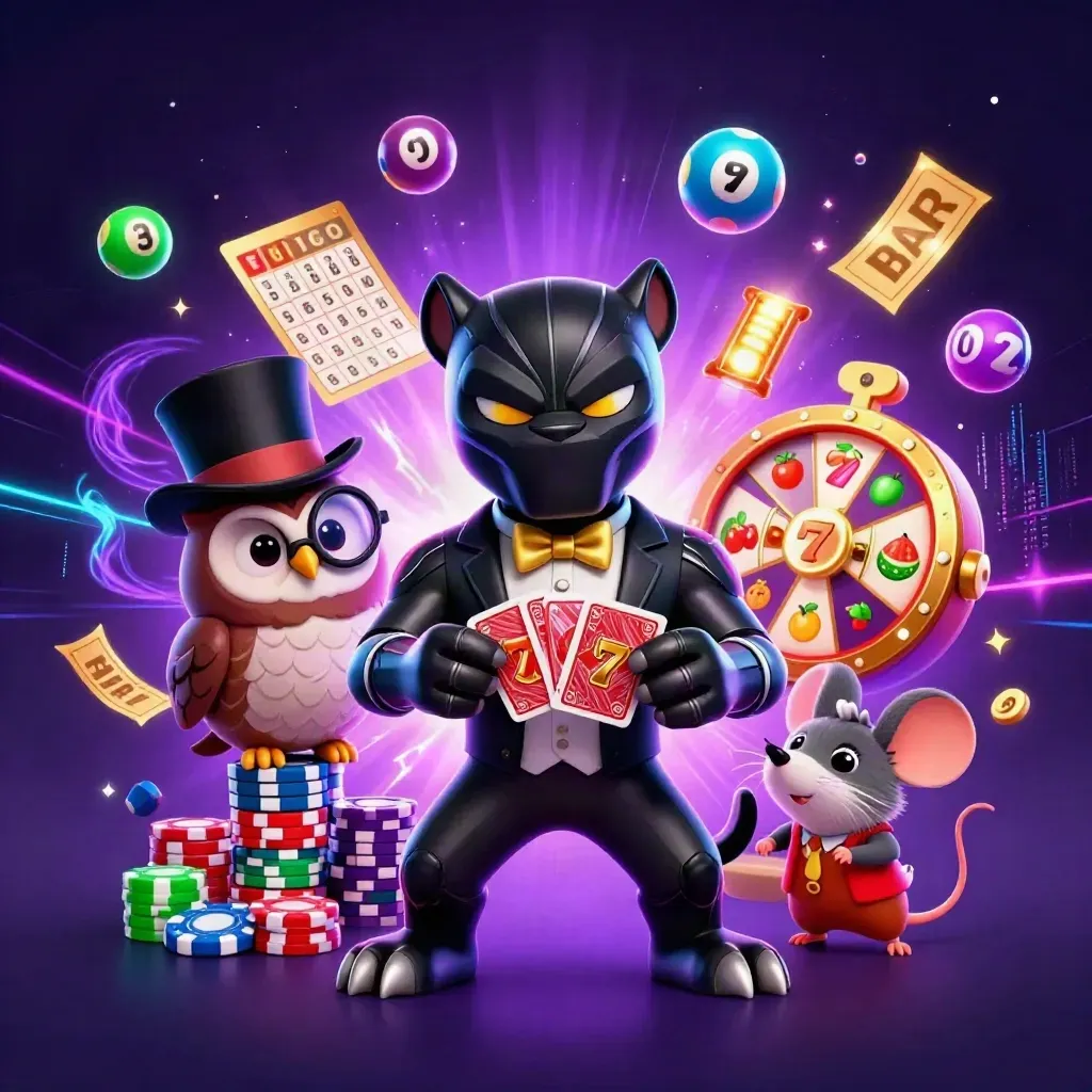 Panther, owl, and mouse play cards amid slot reels, prize wheel, chips, and neon casino energy.