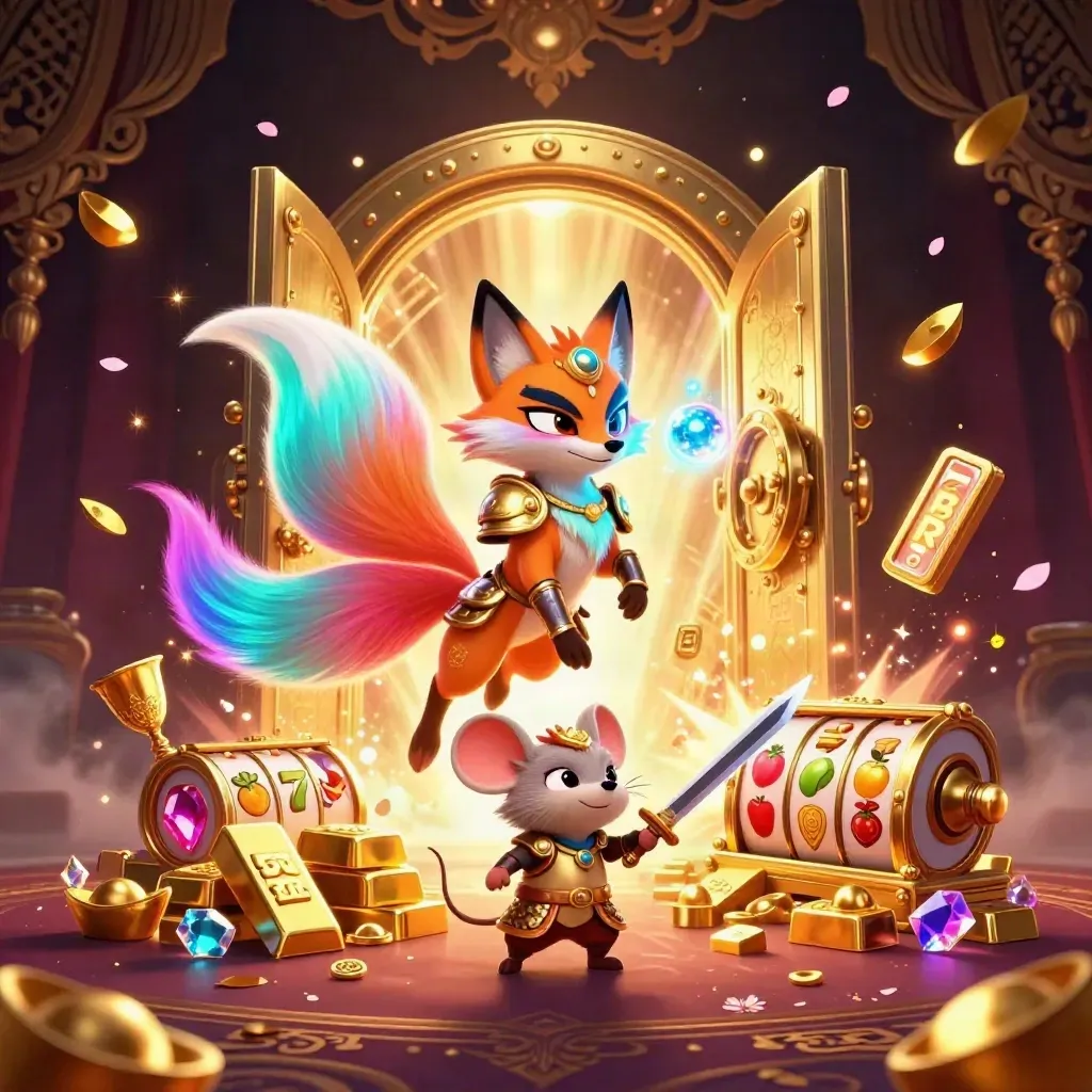 Neon fox spirit and armored mouse amid gold vault loot, reels, and casino glow.