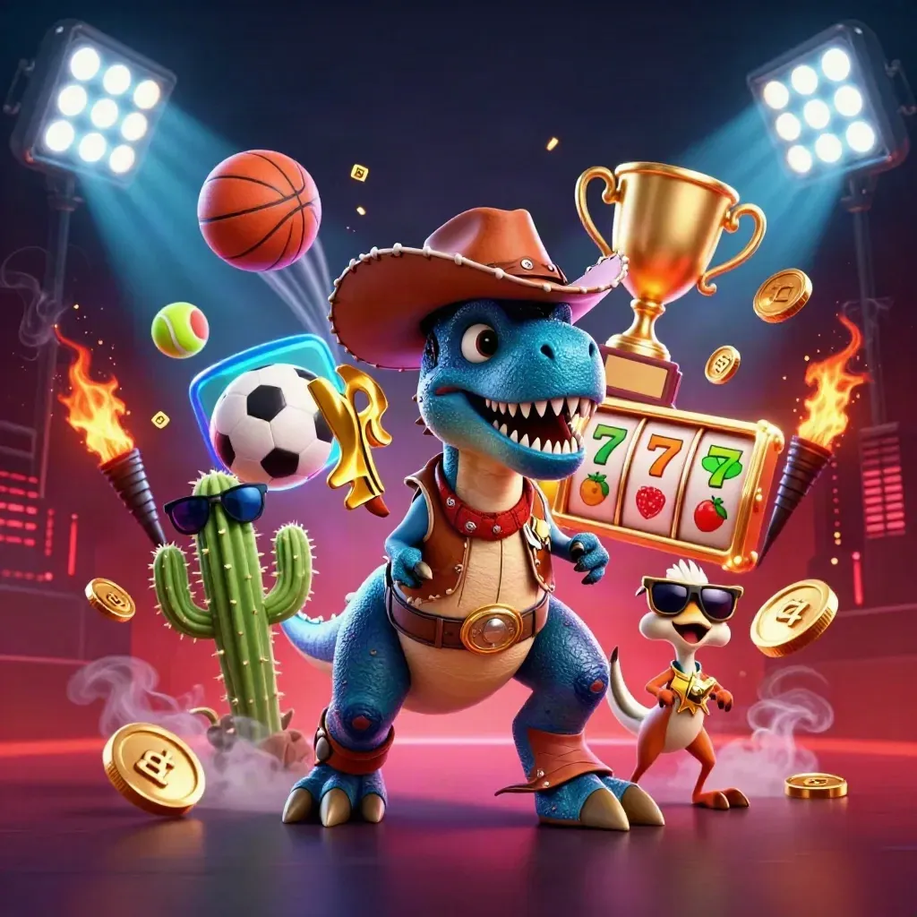 Cowboy T-Rex, cactus sidekick, and roadrunner amid neon casino energy and flying sports props