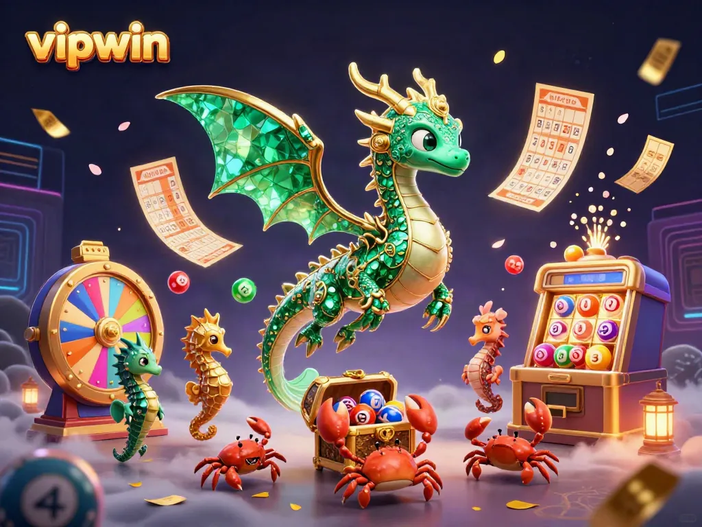 Engage in thrilling vipwin gaming with a vibrant 3D fantasy scene featuring a sea dragon, crabs, and lottery elements.