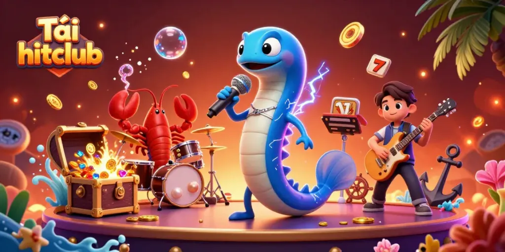 Experience Tải hitclub action in an electrifying underwater casino with vibrant characters and gold coin treasure.
