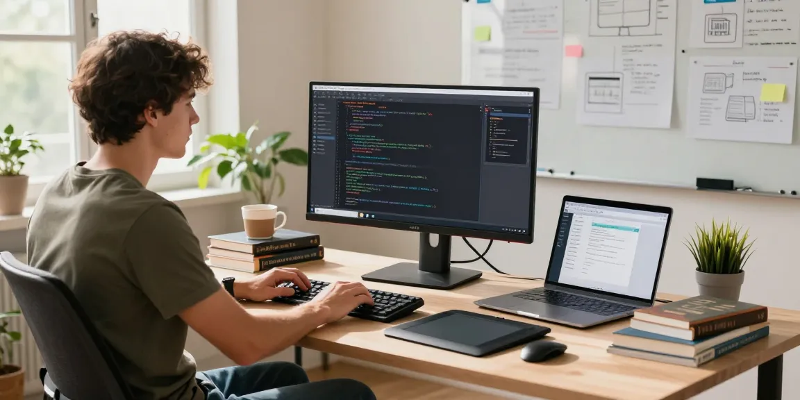 Developer coding at a modern workstation showing slot optimization tools and project management.