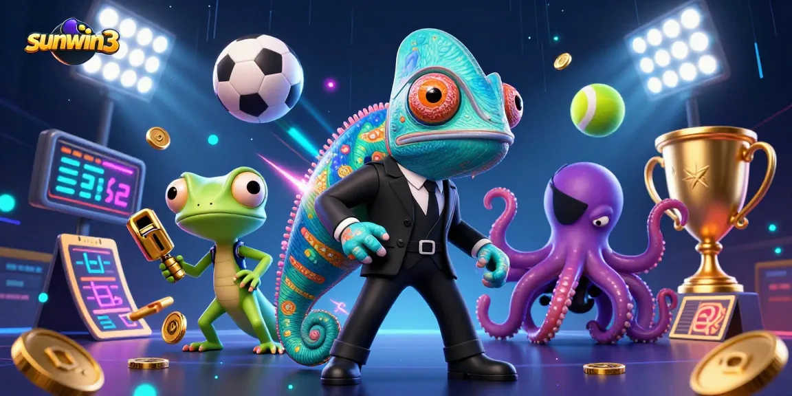 Experience the dynamic action of sunwin3 with a colorful casino-themed 3D illustration filled with characters and game elements.