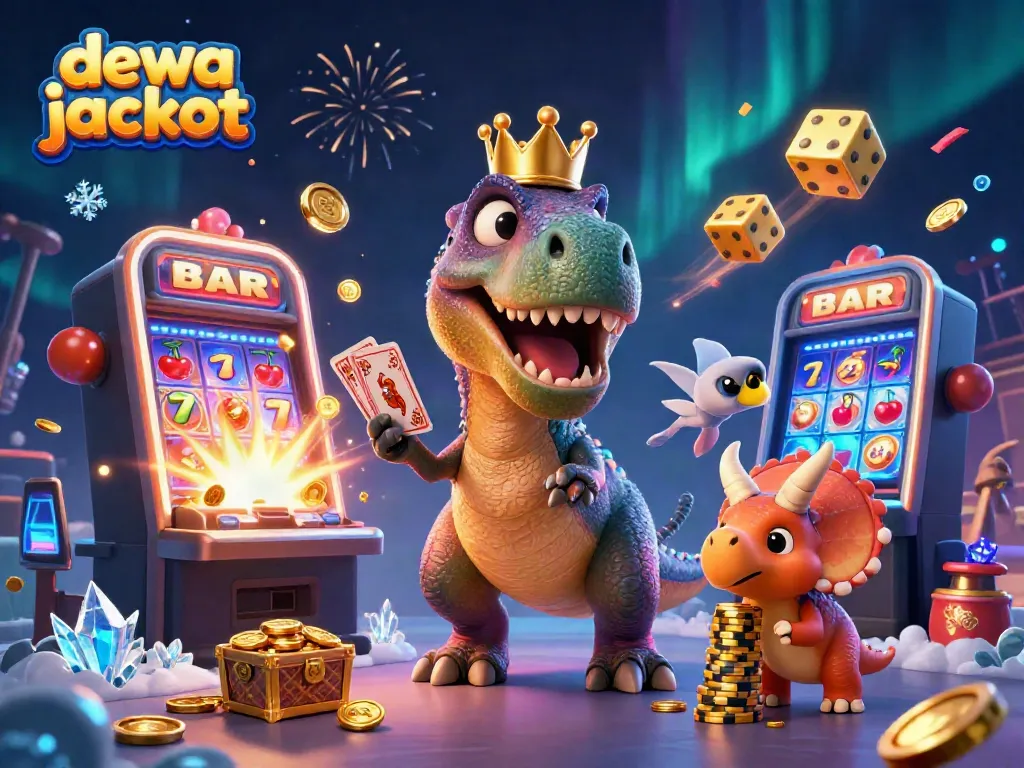 Permainan jackpot “dewa jackpot” yang penuh keseruan, menampilkan karakter dinosaurus lucu dan mesin slot berlimpah uang.