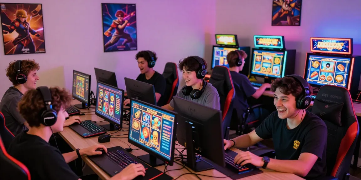 Excited players enjoying GARUDA55 online slot games in vibrant gaming room setting.