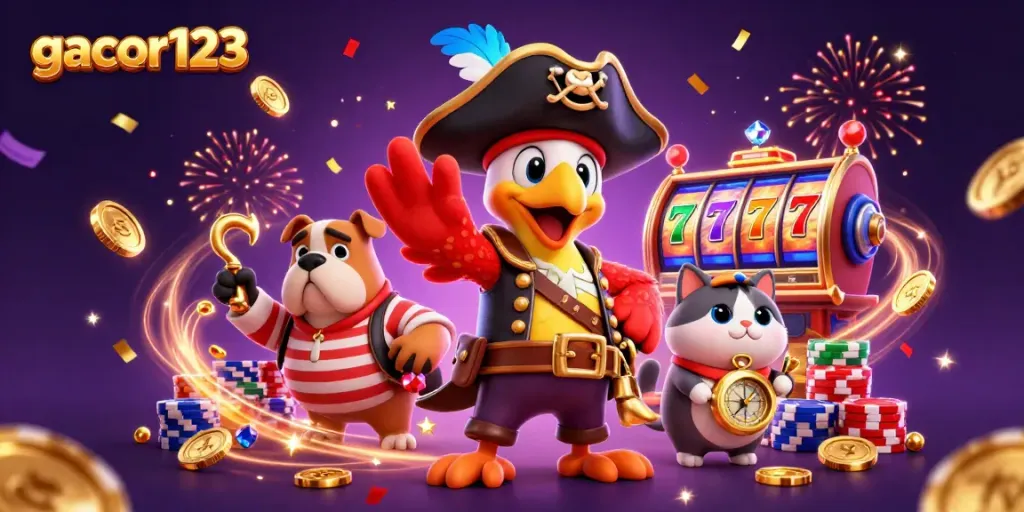 Experience the excitement of gacor123 with a pirate-themed digital casino adventure, featuring characters and winning symbols.