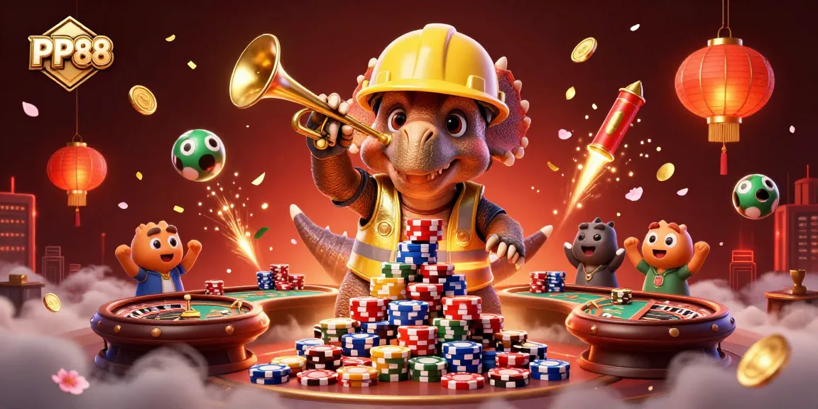 PP88 showcases a dynamic casino environment with vibrant characters celebrating victories amidst game elements.