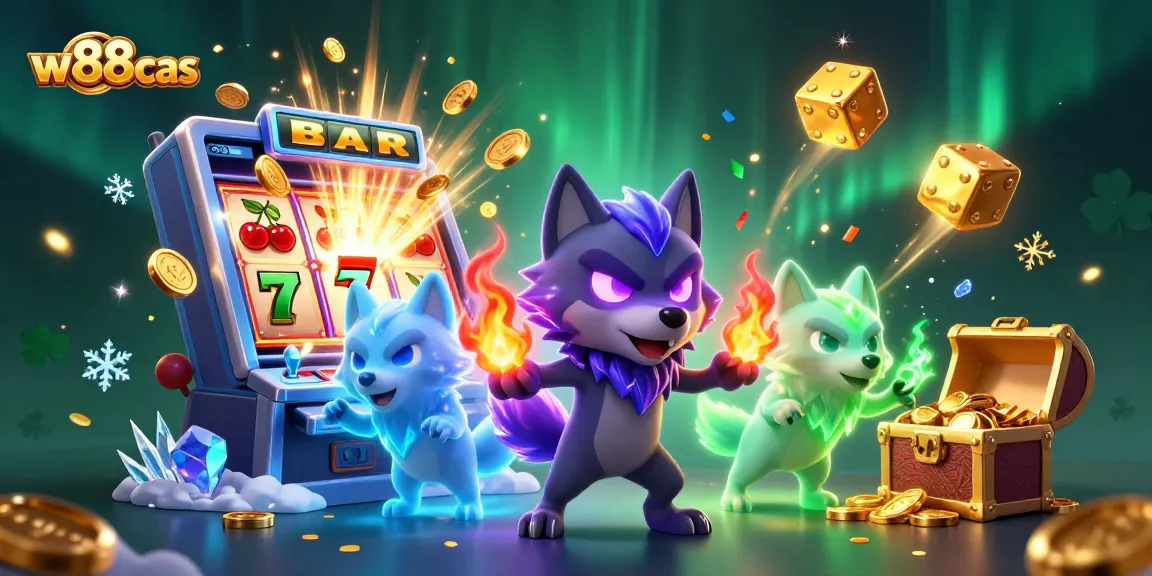 Engage with w88cas for thrilling slots and casino games, showcasing wolves and jackpot excitement.