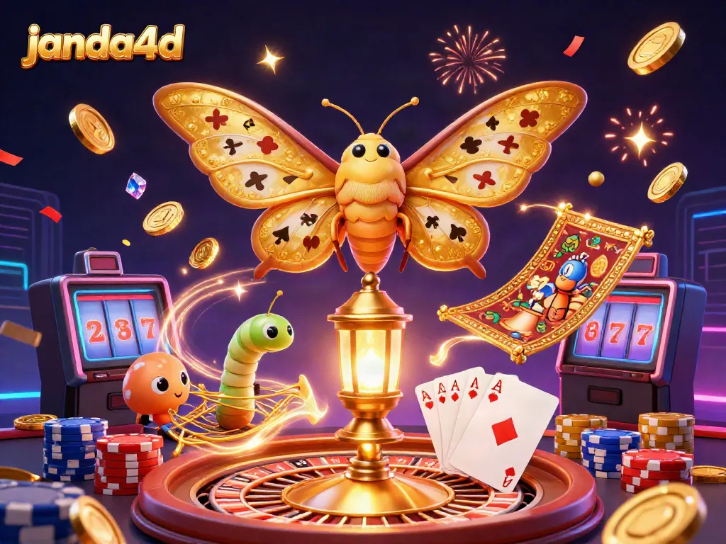 gambar janda4d menunjukkan kupu-kupu 3D dengan sayap emas dalam suasana kasino yang meriah