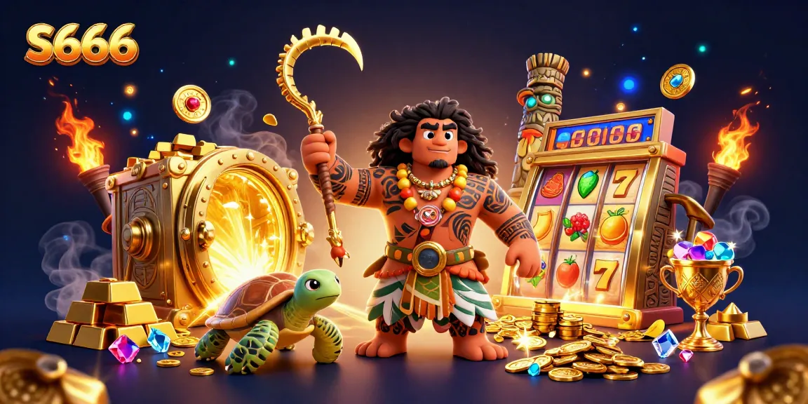 S666 ignites excitement with vibrant casino elements, showcasing slot reels and treasures in a lavish scene.